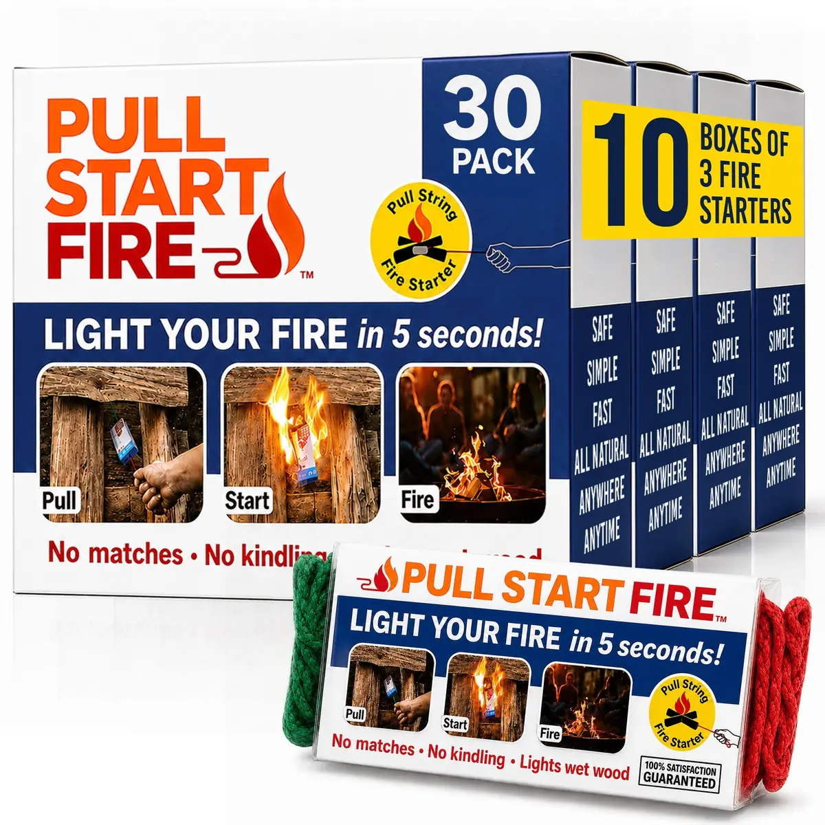 Pull Start Fire Starter, No Matches, Lights Wet Wood, 30 Count | Reliable Waterproof Fire Ignition - main product image