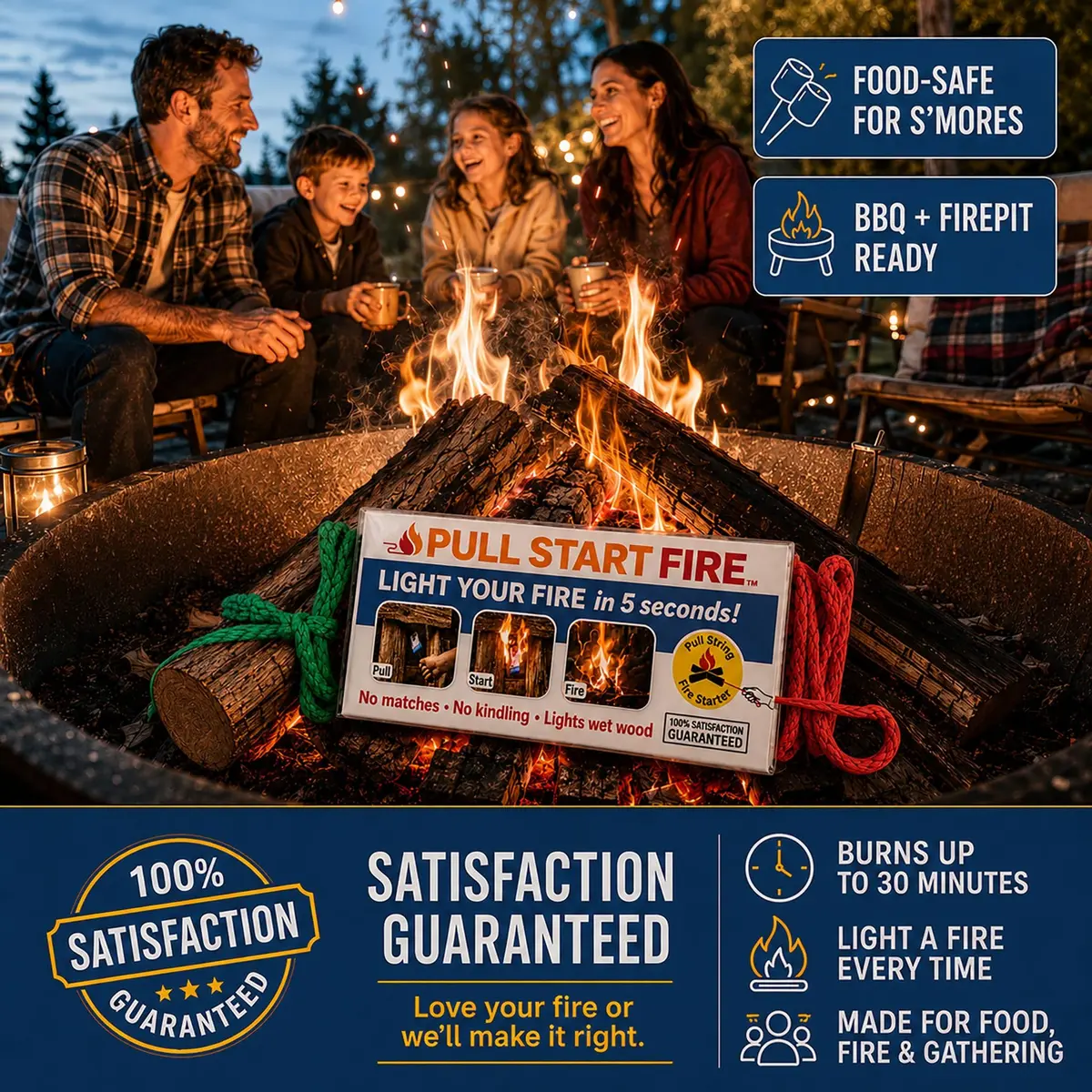 Pull Start Fire Starter, No Matches, Lights Wet Wood, 30 Count | Reliable Waterproof Fire Ignition - view 5