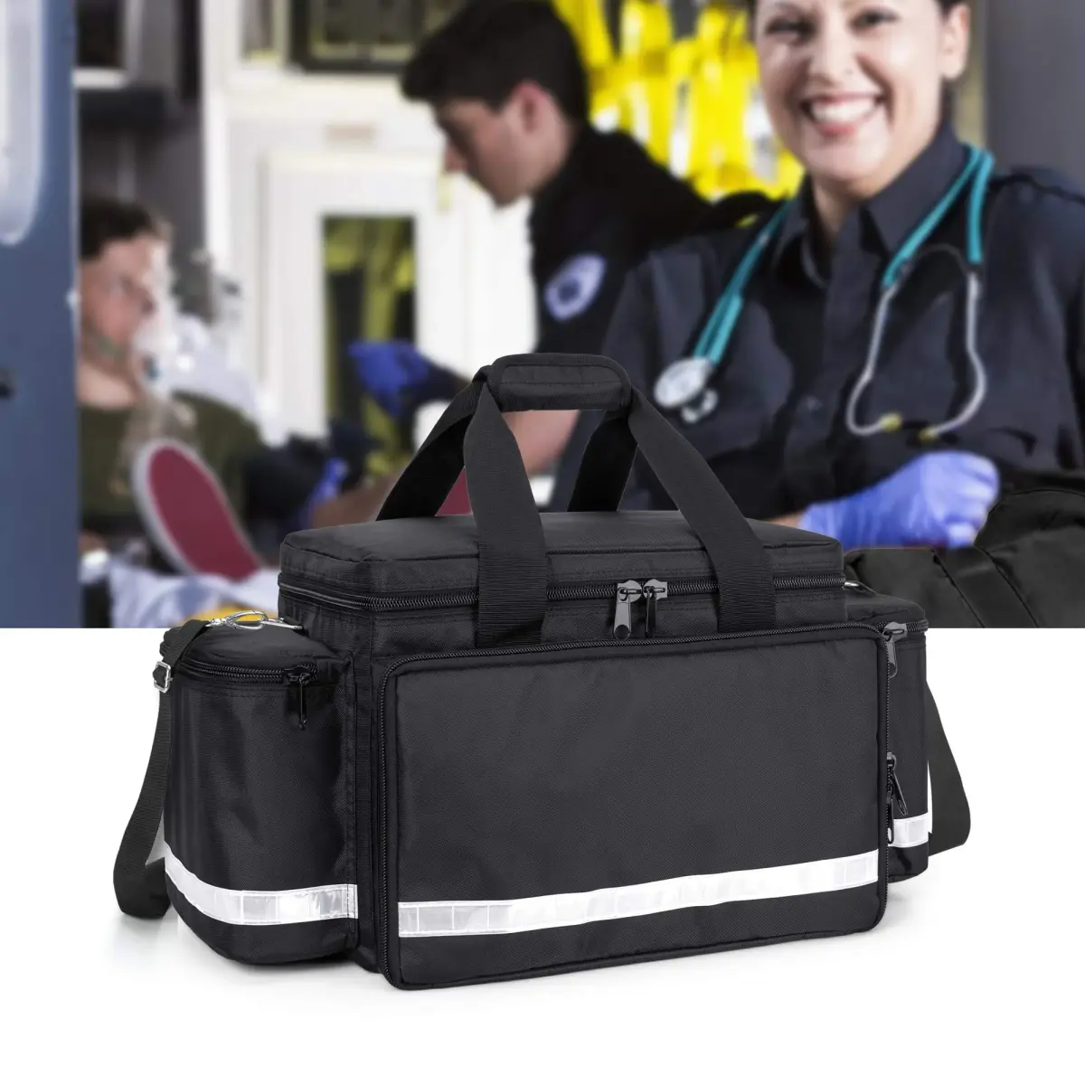 Trunab Trauma Bag with Dividers, EMT First Aid Pouch Medical Bag Empty, Black 62.2 cm (24.5") | Reinforced Nylon with Reflective Strips - view 7