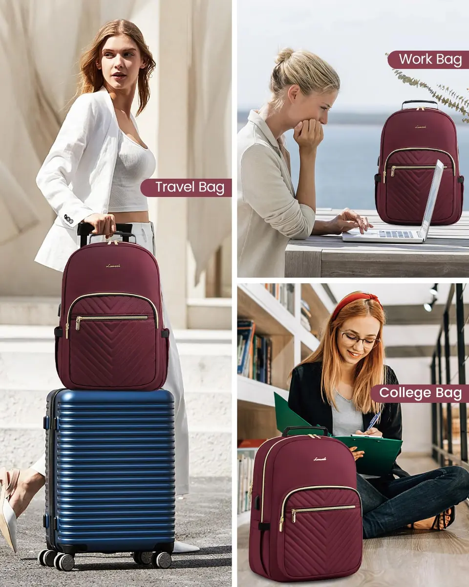 LOVEVOOK Laptop Backpack Purse for Women, 15.6 Inch, Quilted Casual Daypack with USB Port, Water-Resistant Nylon, Wine Red - view 8