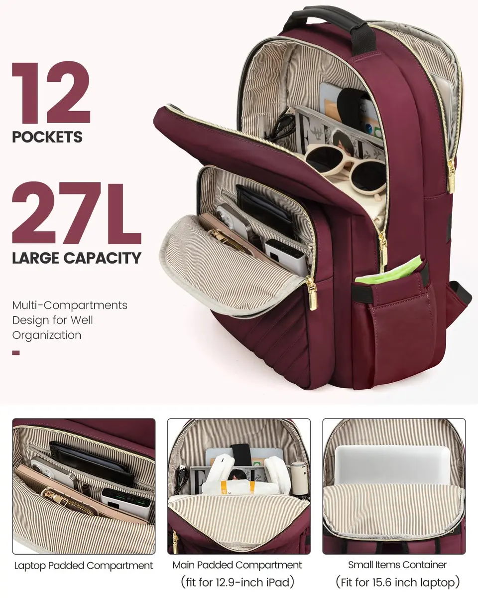 LOVEVOOK Laptop Backpack Purse for Women, 15.6 Inch, Quilted Casual Daypack with USB Port, Water-Resistant Nylon, Wine Red - view 2