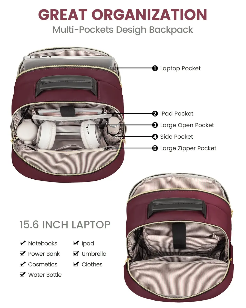 LOVEVOOK Laptop Backpack Purse for Women, 15.6 Inch, Quilted Casual Daypack with USB Port, Water-Resistant Nylon, Wine Red - view 3