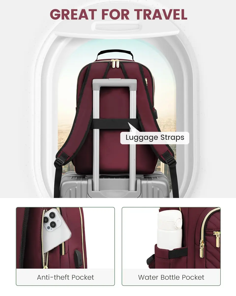 LOVEVOOK Laptop Backpack Purse for Women, 15.6 Inch, Quilted Casual Daypack with USB Port, Water-Resistant Nylon, Wine Red - view 4
