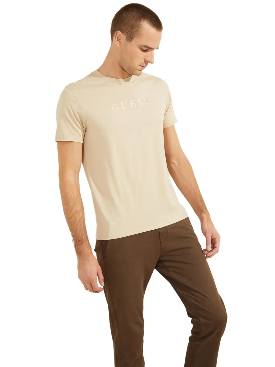 GUESS Men's Short Sleeve Pima Logo Crewneck Tee, Nomad, X-Large | Casual Cotton T-Shirt with Embroidered Logo - main product image