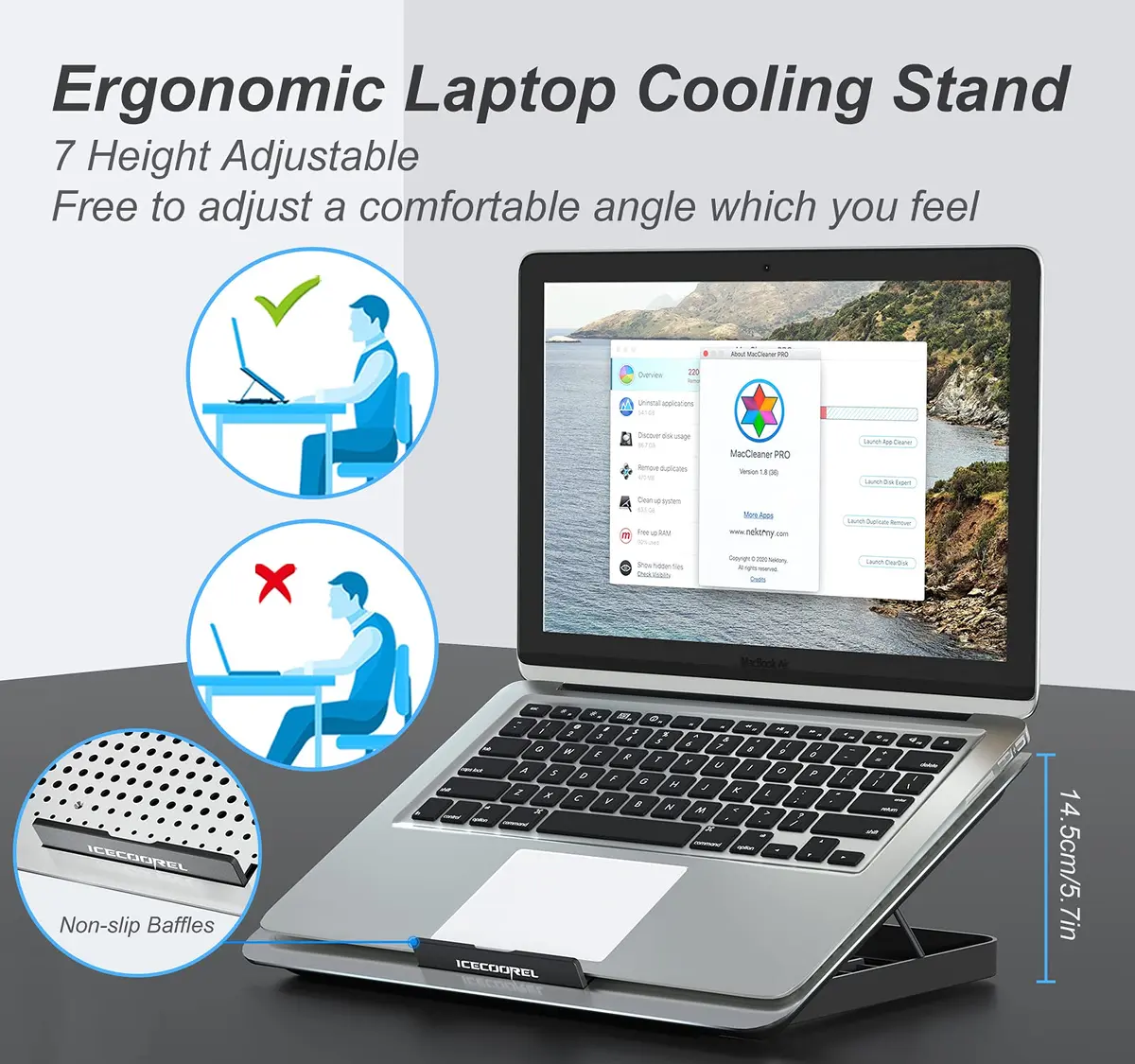 ICE COOREL Aluminum Laptop Cooling Pad with 7 Height Adjustment | Slim, Quiet & Durable (70-120 chars) - view 3