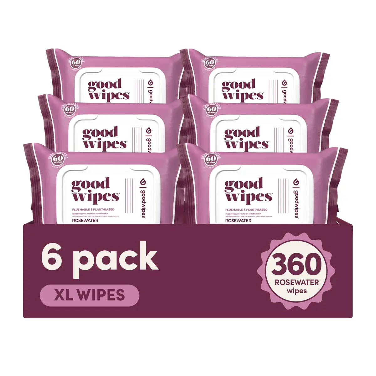 goodwipes Flushable Wipes Rosewater Scent 360 Count (60 Wipes x 6 Packs) | Septic Safe & Biodegradable - main product image
