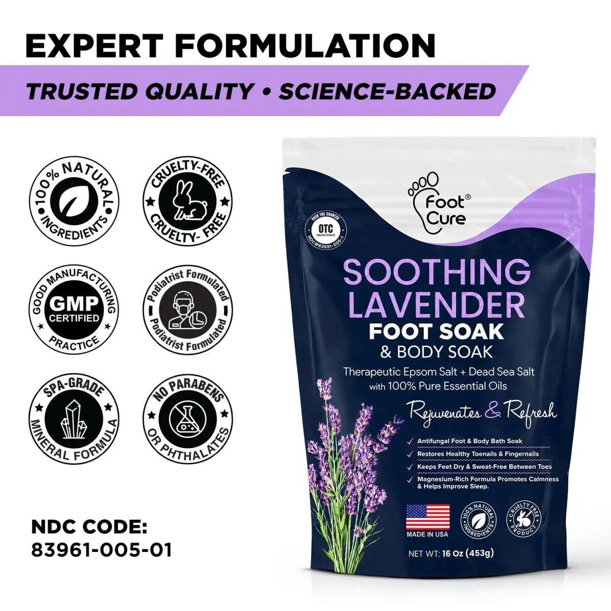 FOOT CURE Soothing Lavender Epsom Salt Foot Soak 473ml (16 Fl Oz) | Night Time Relaxation - view 8