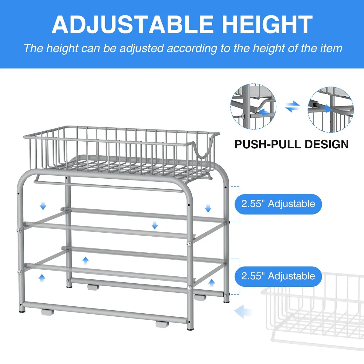 AIYAKA 2-Tier Pull Out Organizer Under Sink Sliding Cabinet Rack | Silver, Metal, Space-Saving - view 5