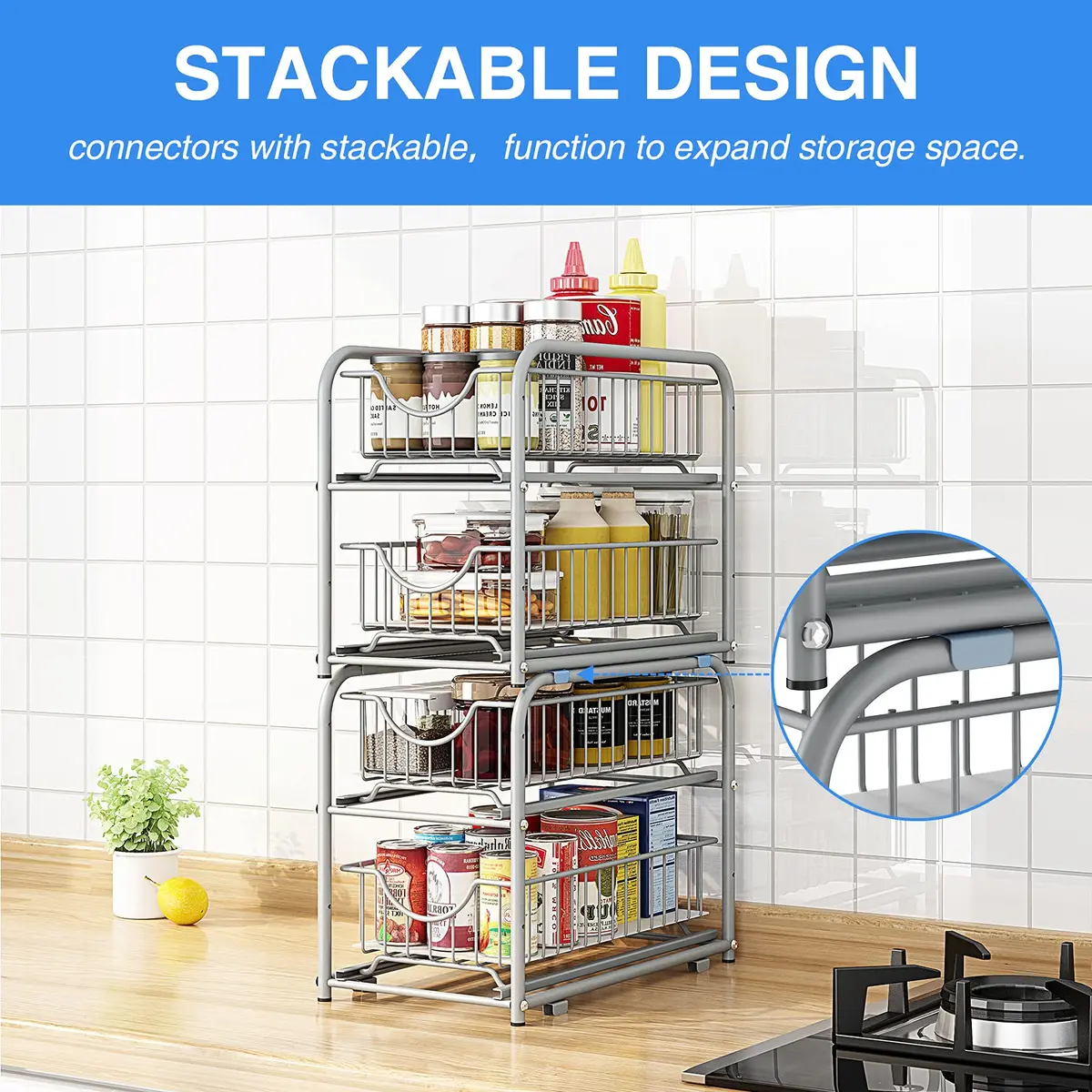 AIYAKA 2-Tier Pull Out Organizer Under Sink Sliding Cabinet Rack | Silver, Metal, Space-Saving - view 6