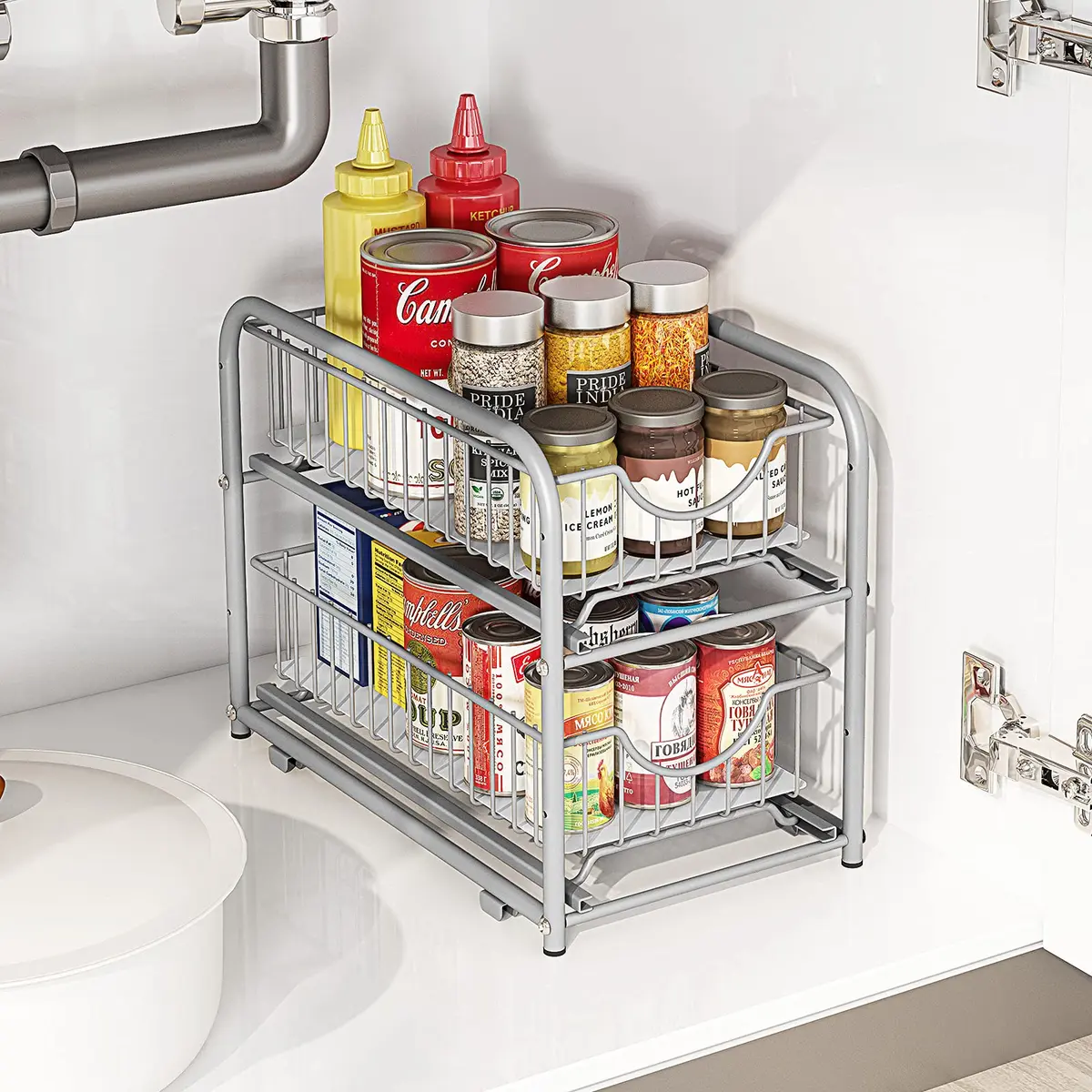 AIYAKA 2-Tier Pull Out Organizer Under Sink Sliding Cabinet Rack | Silver, Metal, Space-Saving - view 2