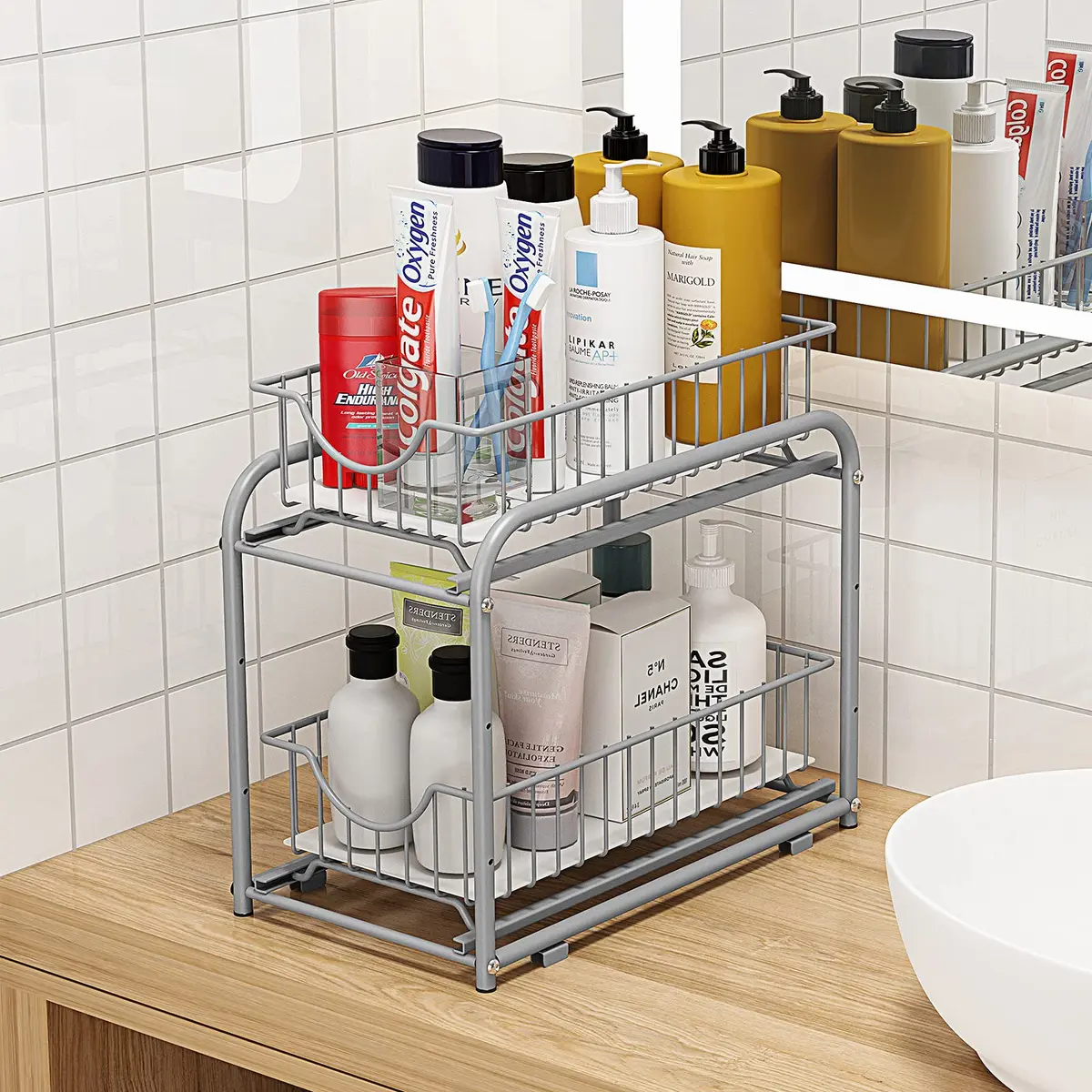 AIYAKA 2-Tier Pull Out Organizer Under Sink Sliding Cabinet Rack | Silver, Metal, Space-Saving - view 3