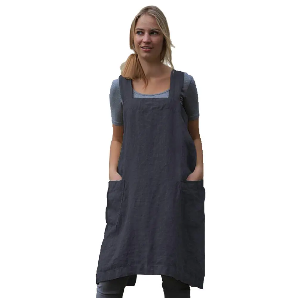 Larmliss Women's Pinafore Apron | Cross Back Cotton Linen Dress with 2 Pockets - main product image