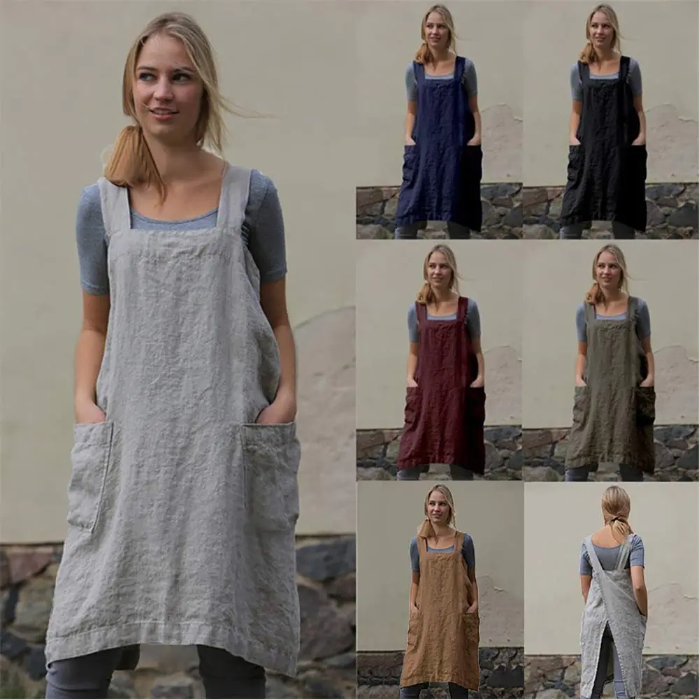 Larmliss Women's Pinafore Apron | Cross Back Cotton Linen Dress with 2 Pockets - view 6