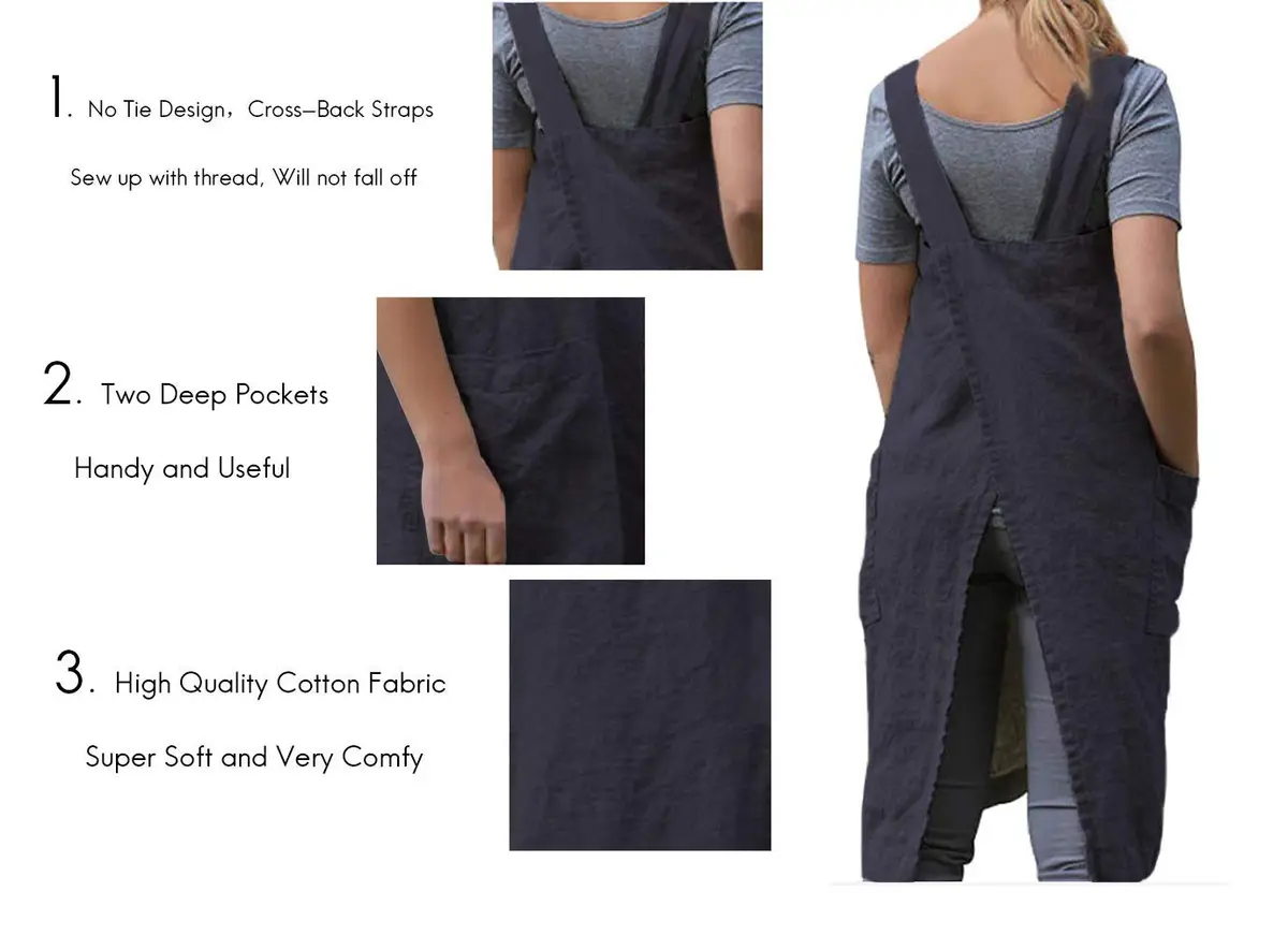 Larmliss Women's Pinafore Apron | Cross Back Cotton Linen Dress with 2 Pockets - view 3