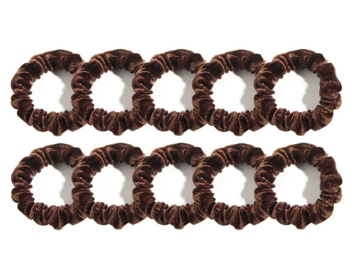LFOUVRE Small Velvet Scrunchies 10-Pack | Mini Thin Elastic Hair Ties for Thick and Thin Hair, Coffee - main product image