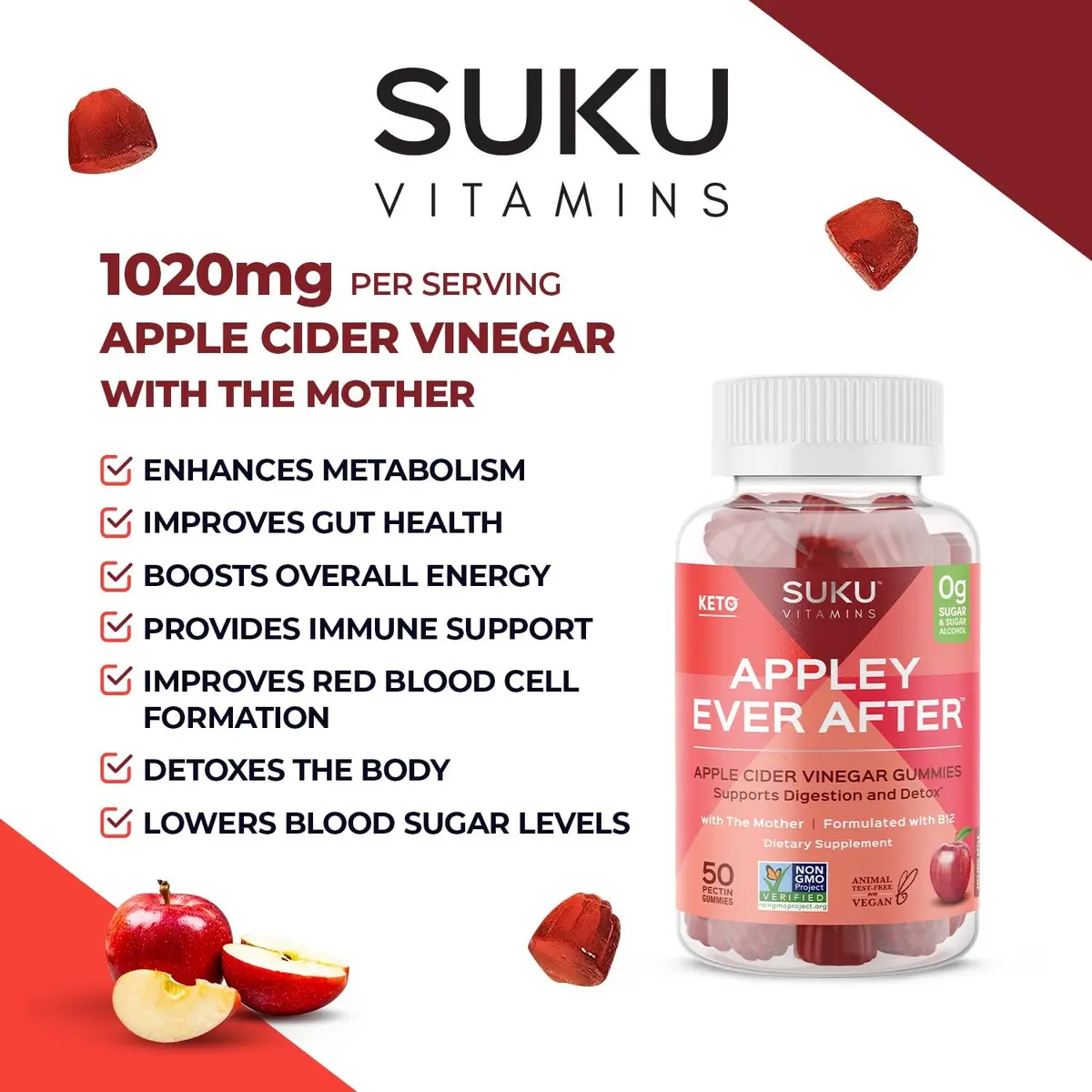 SUKU Apple Cider Vinegar Gummies with Mother, 1020mg, Sugar Free | Supports Gut & Immune Health - view 7