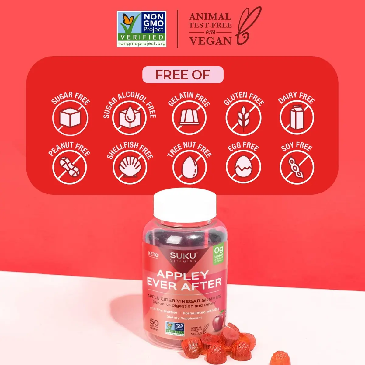 SUKU Apple Cider Vinegar Gummies with Mother, 1020mg, Sugar Free | Supports Gut & Immune Health - view 9