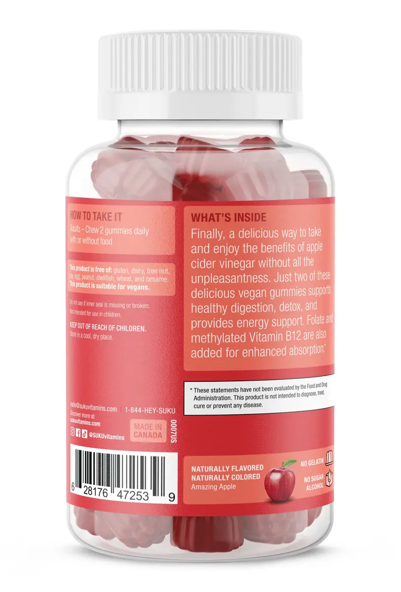 SUKU Apple Cider Vinegar Gummies with Mother, 1020mg, Sugar Free | Supports Gut & Immune Health - view 3