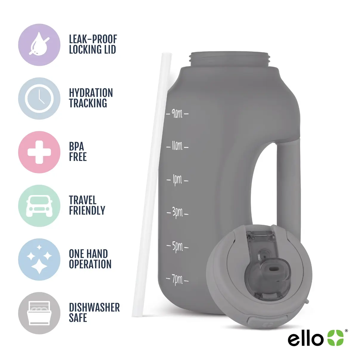 Ello Hydra 64oz Water Jug with Time Markers | BPA-Free Plastic, Leakproof & Reusable (70-120 chars) - view 2