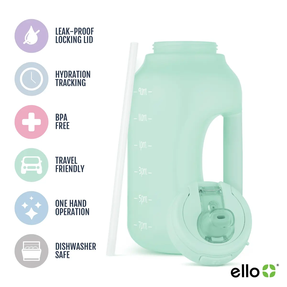 Ello Hydra 64oz BPA-Free Plastic Water Jug with Time Markers, Yucca | Large Capacity Hydration Bottle with Leakproof Flip Lid - view 2