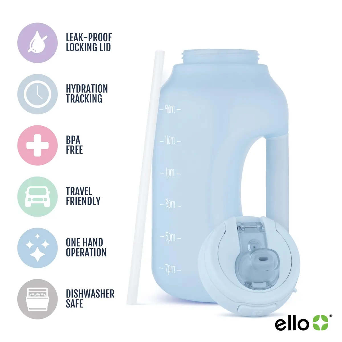 Ello Hydra 64oz Water Jug with Handle & Motivational Markers | Leak-Proof BPA-Free Plastic Bottle - view 3