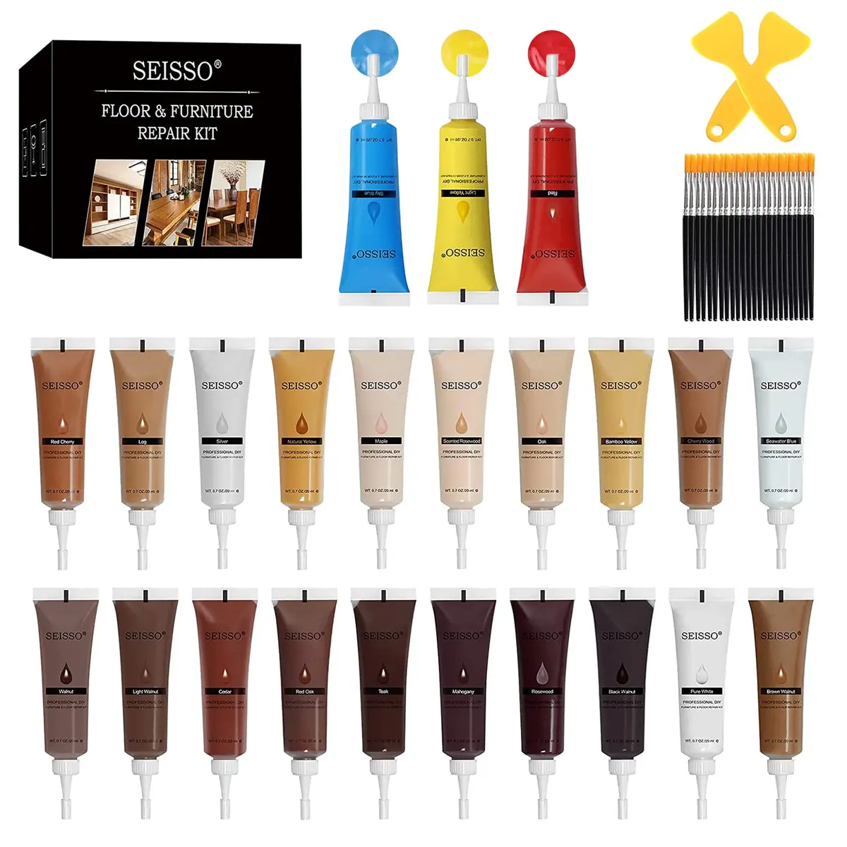 SEISSO Wood Furniture Repair Kit -Set of 50, 24 Colors Wood Touch up Fillers, Wood Repair Paint with Scraper and Brushes, Repair Scratches, Cracks, Stains, Hole - main product image