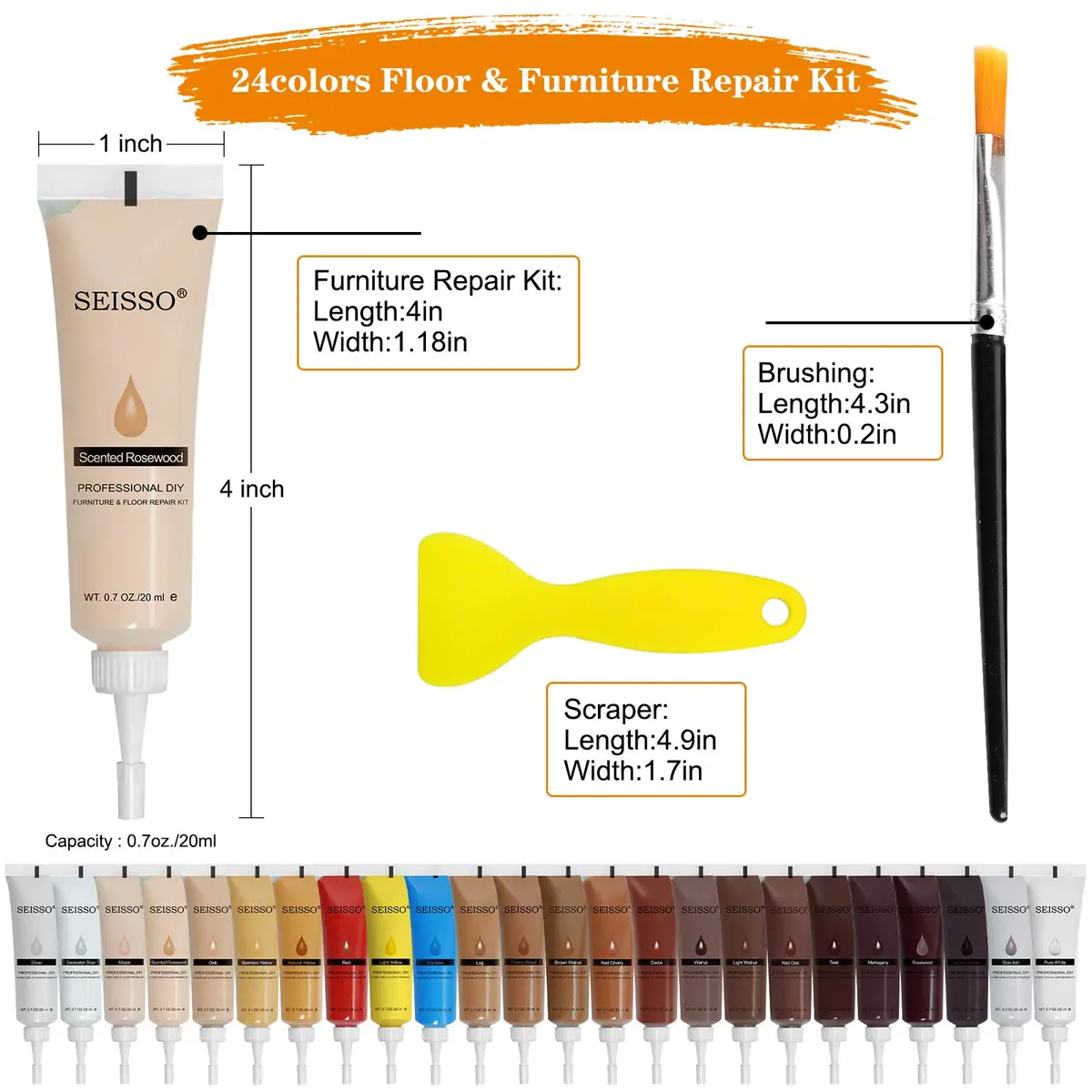 SEISSO Wood Furniture Repair Kit -Set of 50, 24 Colors Wood Touch up Fillers, Wood Repair Paint with Scraper and Brushes, Repair Scratches, Cracks, Stains, Hole - view 3