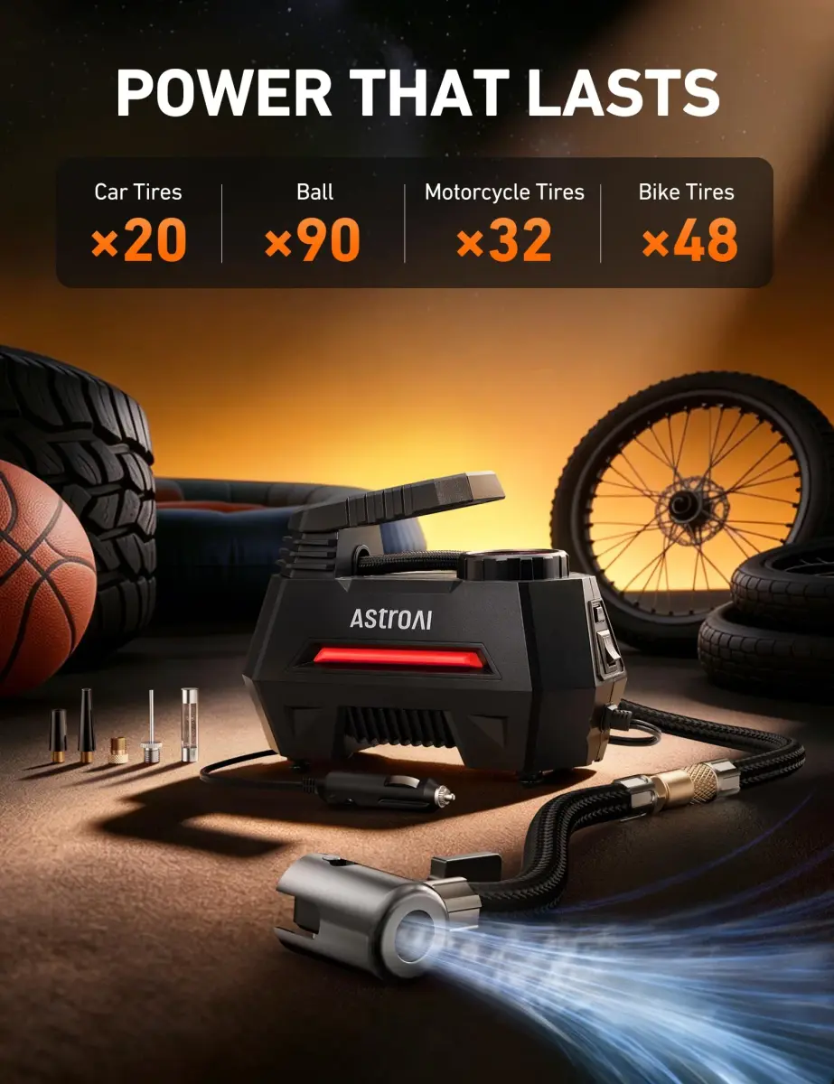 AstroAI AIRUN H Tire Inflator Portable Air Compressor 12V DC 35L/min | Fast Inflation for Car, Motorcycle, Bike Tires - view 4