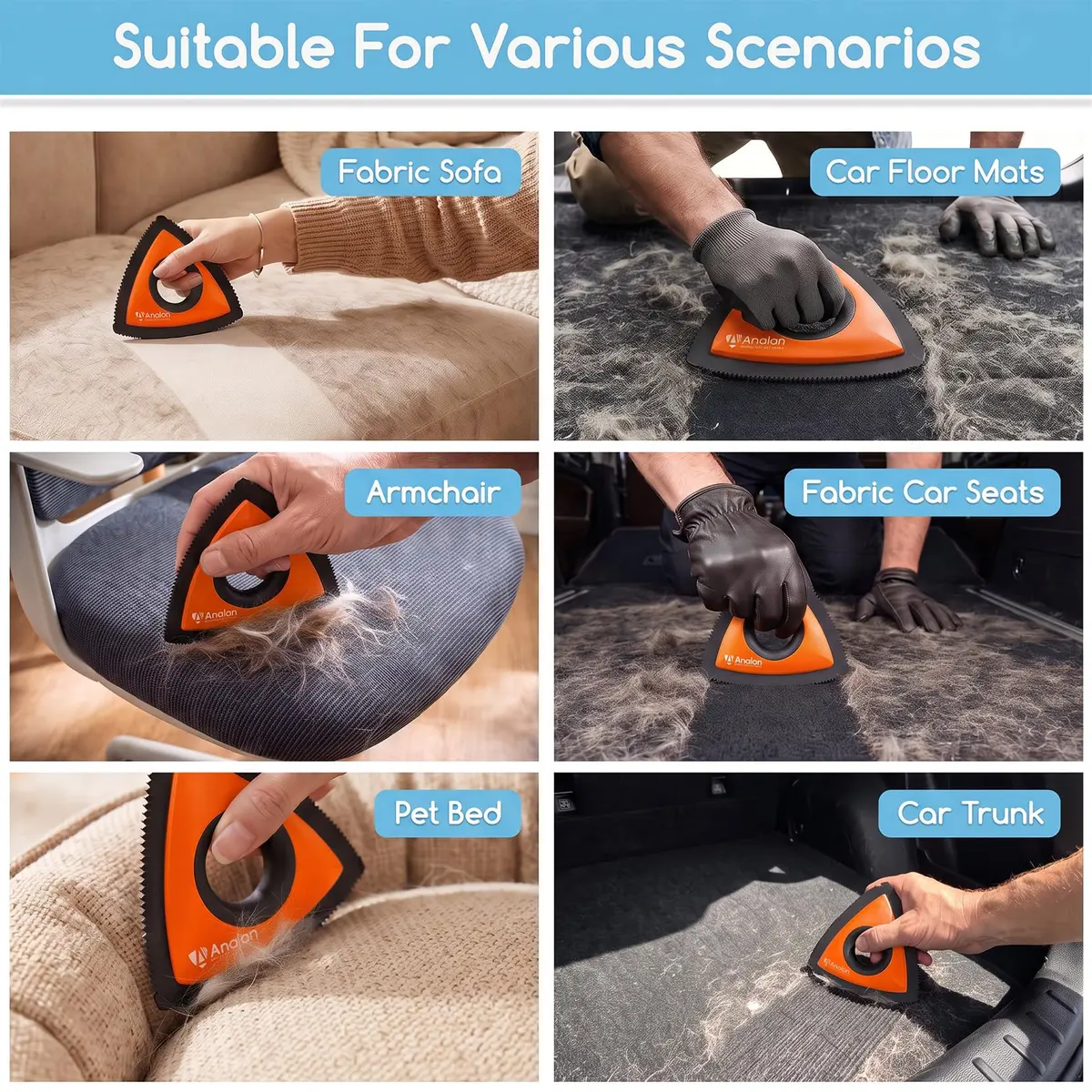 Analan Mini Pet Hair Remover for Car Detailing Dog Hair Tool Brush (Orange) | Reusable Triangle Design for Easy Pet Hair Removal - view 7