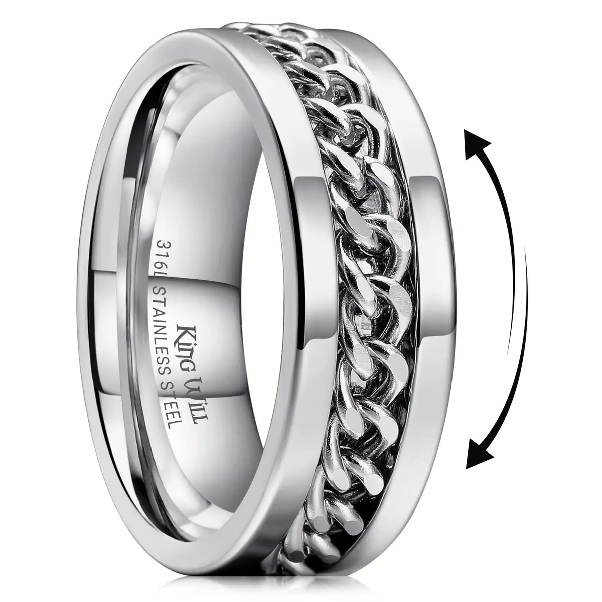 King Will Stainless Steel Fidget Ring 8mm Silver Chain Spin Size 7.5 (19mm) | Anxiety Relief Spinner Band - main product image