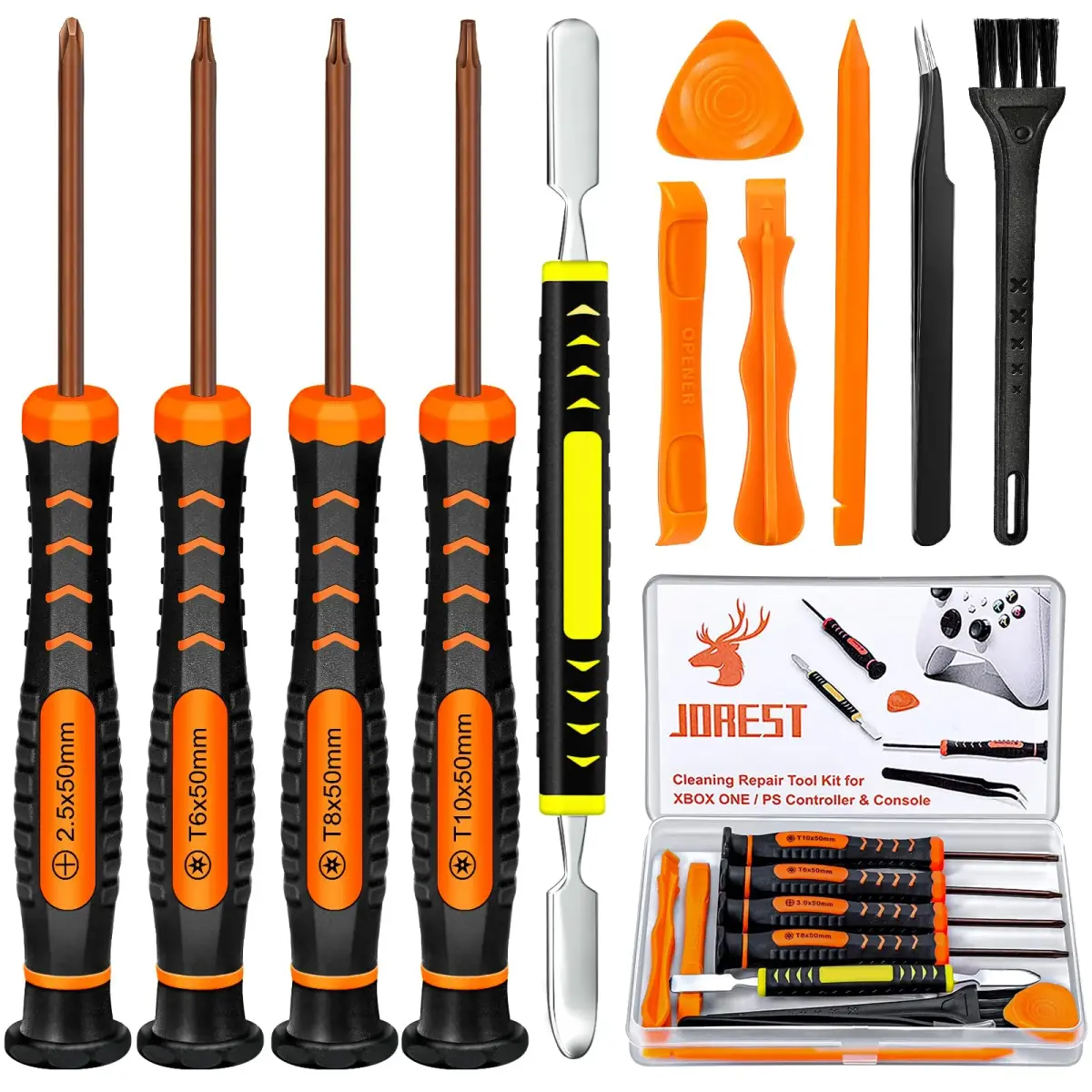 Jorest Repair Kit for Xbox One/360/X PS4 PS3 PS5 Controllers & Consoles | PH0 T6 T8 T10 Screwdrivers, Crowbars, Tweezers, Brush (17-Piece) - main product image