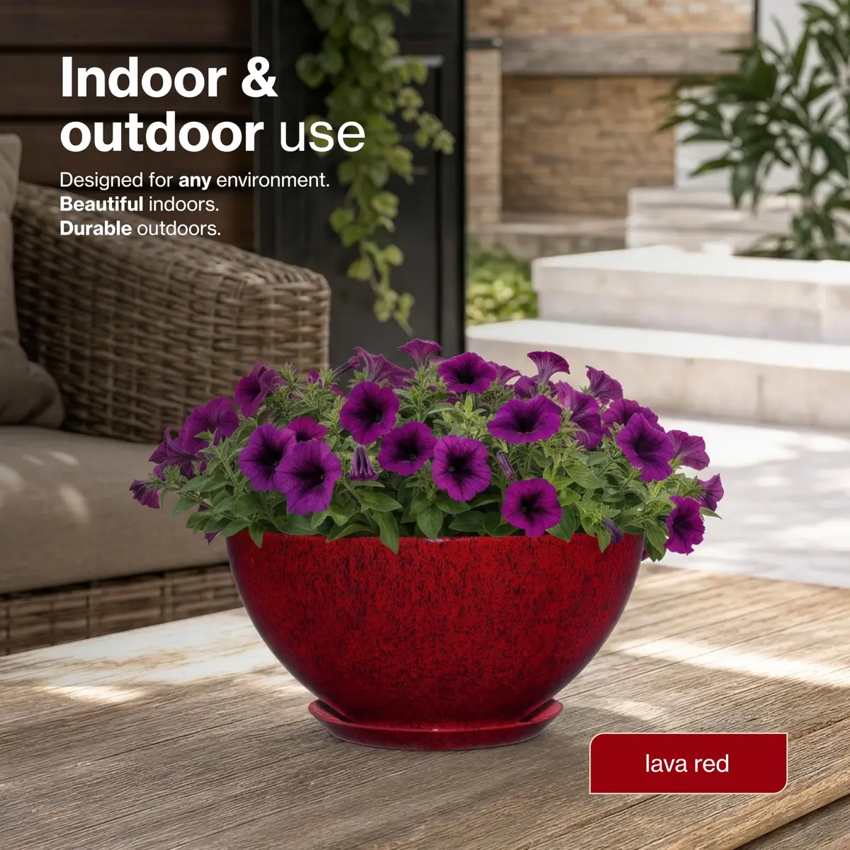 GROWSCAPE Rosie Planter Bowl, 10” Lava Red | Weather-Resistant Resin with Drainage - view 5