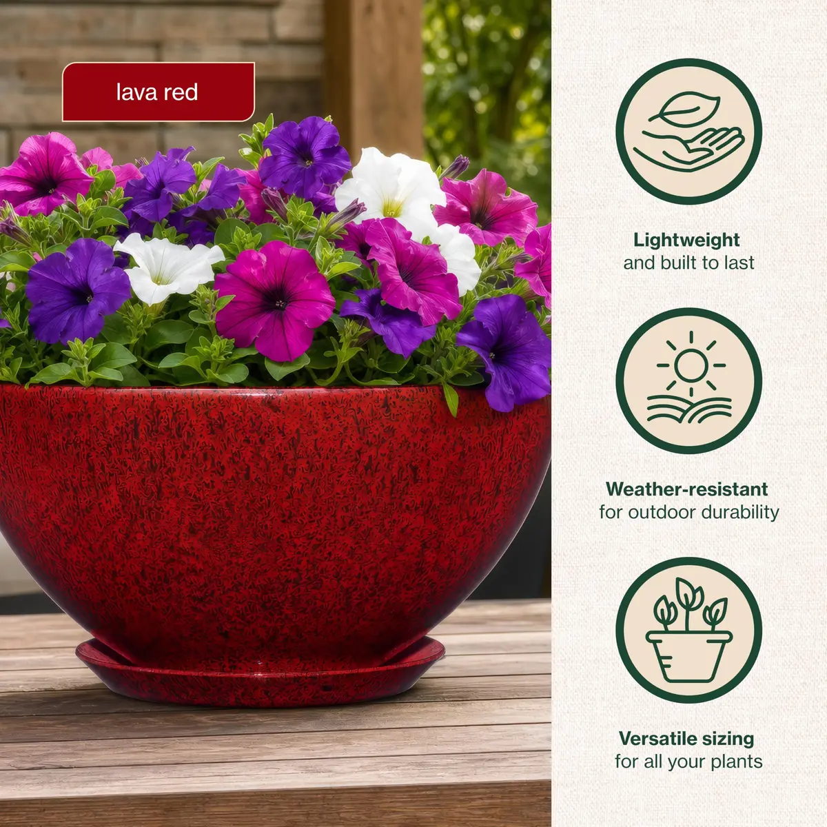 GROWSCAPE Rosie Planter Bowl, 10” Lava Red | Weather-Resistant Resin with Drainage - view 2