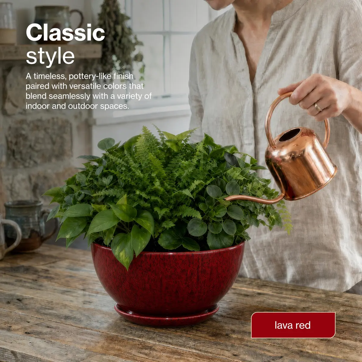 GROWSCAPE Rosie Planter Bowl, 10” Lava Red | Weather-Resistant Resin with Drainage - view 3