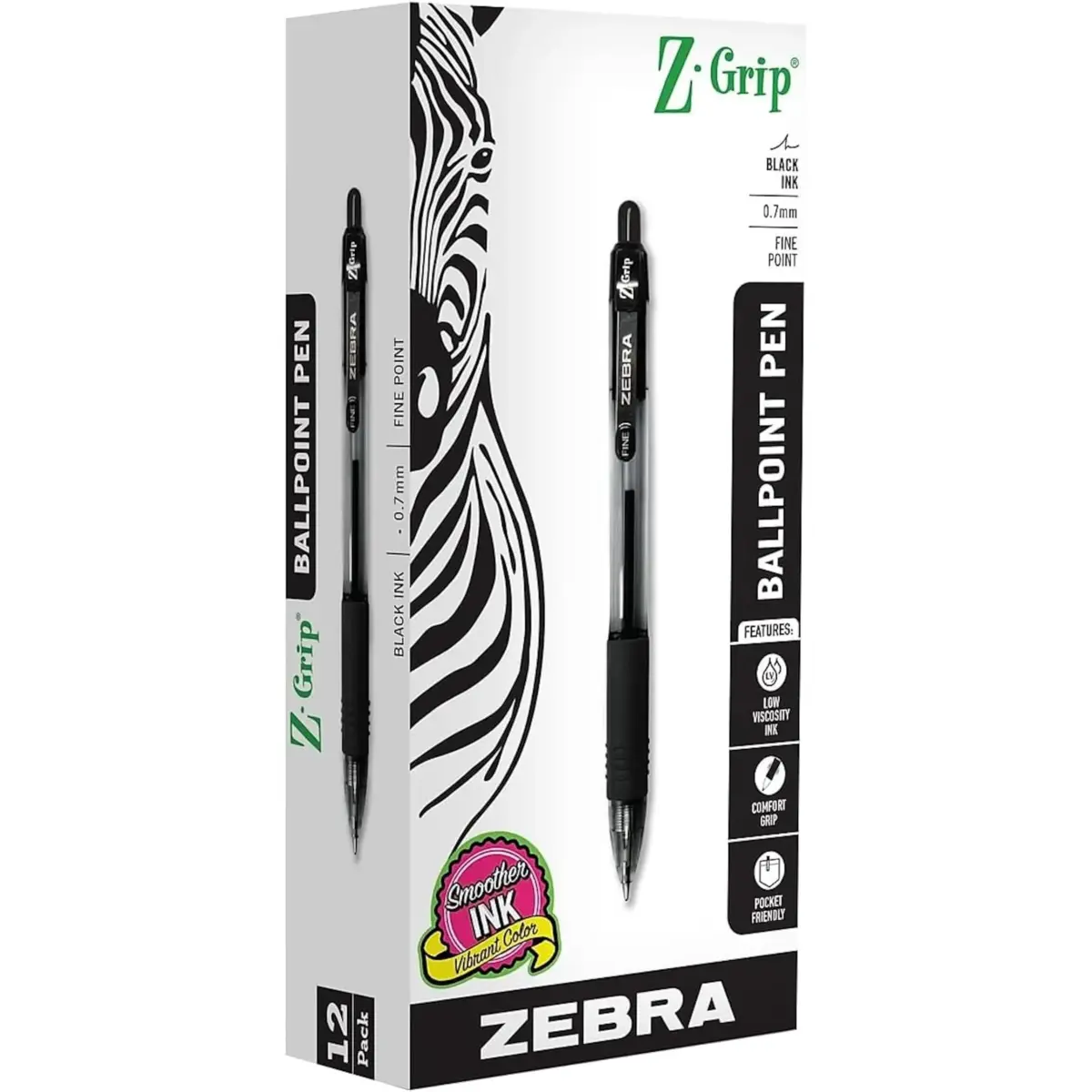 Zebra Pen Z-Grip Retractable Ballpoint Pens, Black Ink, 0.7mm Fine Point, 12-Pack | Smooth Writing for Students & Office - main product image