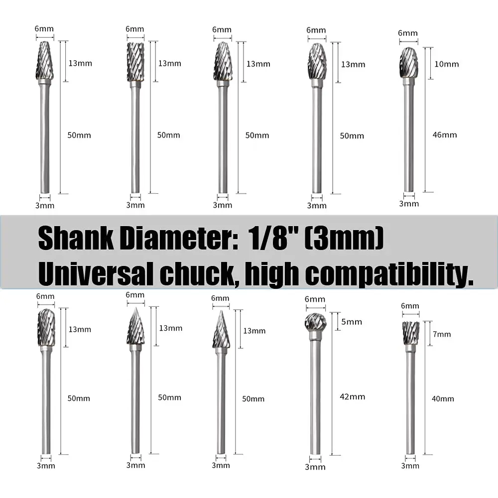 FOTYBEI Tungsten Carbide Rotary Burr Set 10PCS | Double Cut Carving Bits for Wood & Metal (45-50mm) - view 5