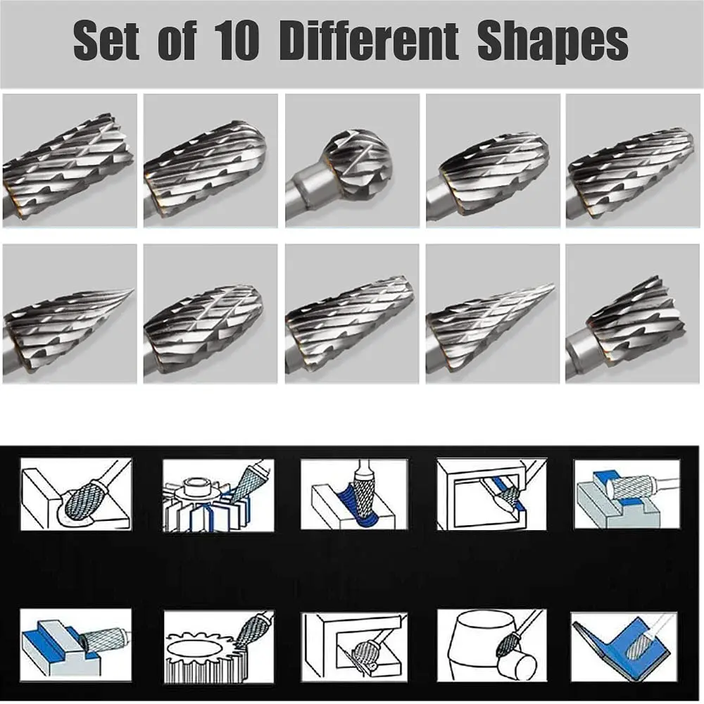 FOTYBEI Tungsten Carbide Rotary Burr Set 10PCS | Double Cut Carving Bits for Wood & Metal (45-50mm) - view 6
