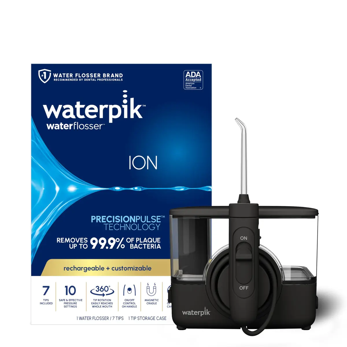 Waterpik ION Rechargeable Water Flosser with 10 Settings, 7 Tips, Black | ADA Accepted Oral Irrigator for Gum Health - main product image