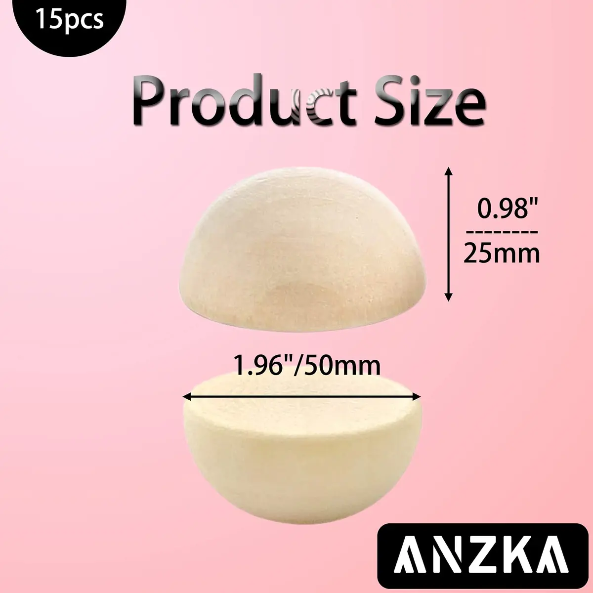 ANZKA 15pcs Large Half Wood Balls for Crafts, 50mm (2 inch) Natural Unfinished Round Split Wood Beads Bulk | DIY Wood Craft Supplies - view 2