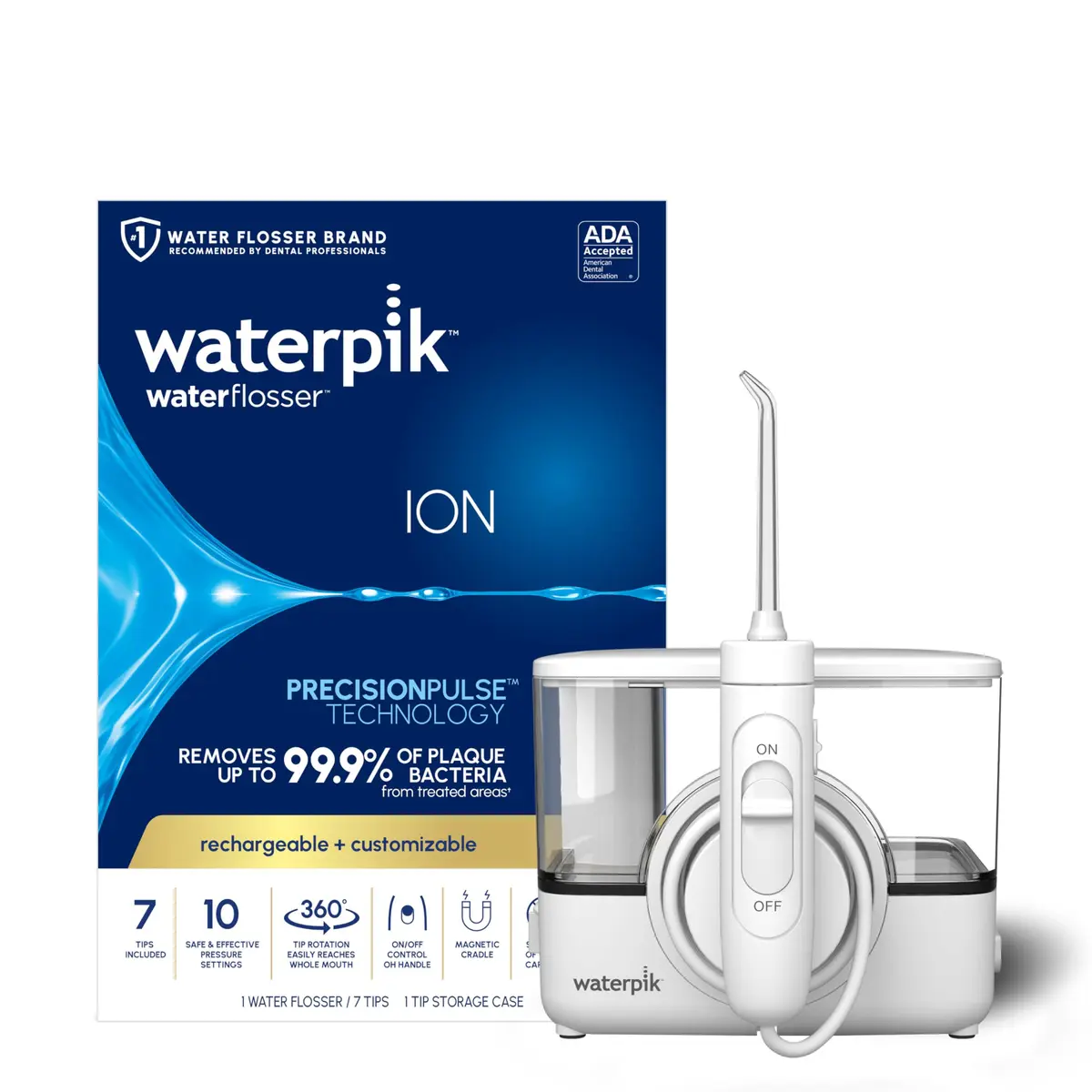 Waterpik ION Rechargeable Water Flosser with 10 Settings & 7 Tips, 591ml (20 Fl Oz) | ADA Accepted for Oral Health - main product image