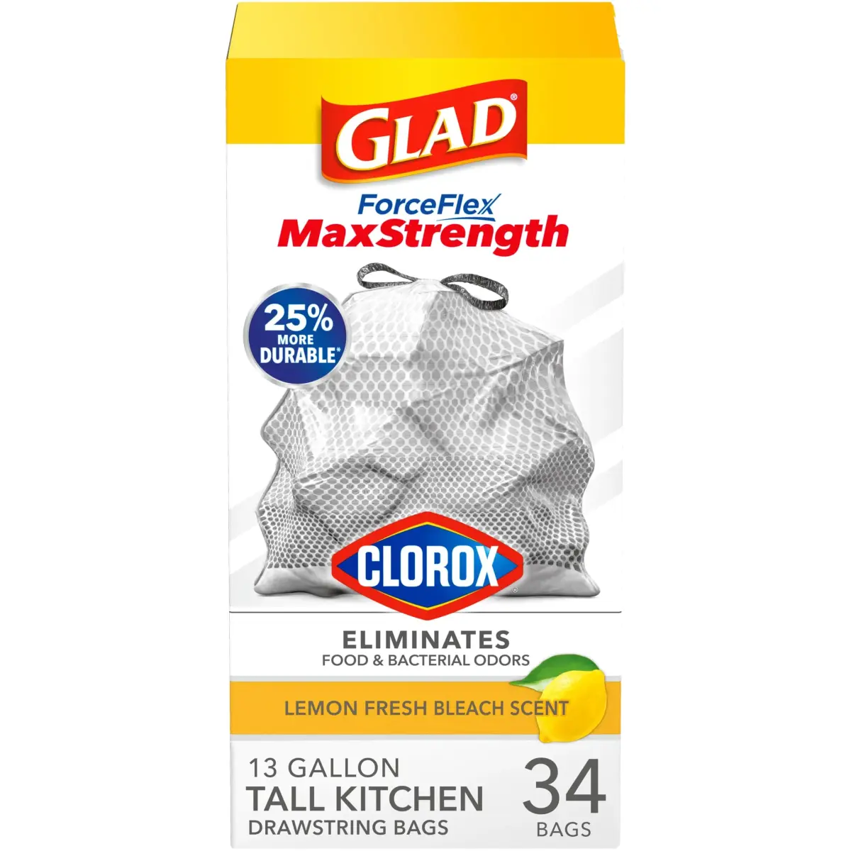 Glad ForceFlex MaxStrength Tall Kitchen Trash Bags 13 Gal (34 Count, Gray) | Odor Control with Clorox & Lemon Fresh Bleach Scent - main product image