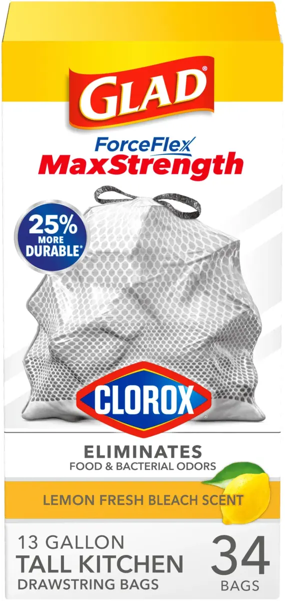 Glad ForceFlex MaxStrength Tall Kitchen Trash Bags 13 Gal (34 Count, Gray) | Odor Control with Clorox & Lemon Fresh Bleach Scent - main product image
