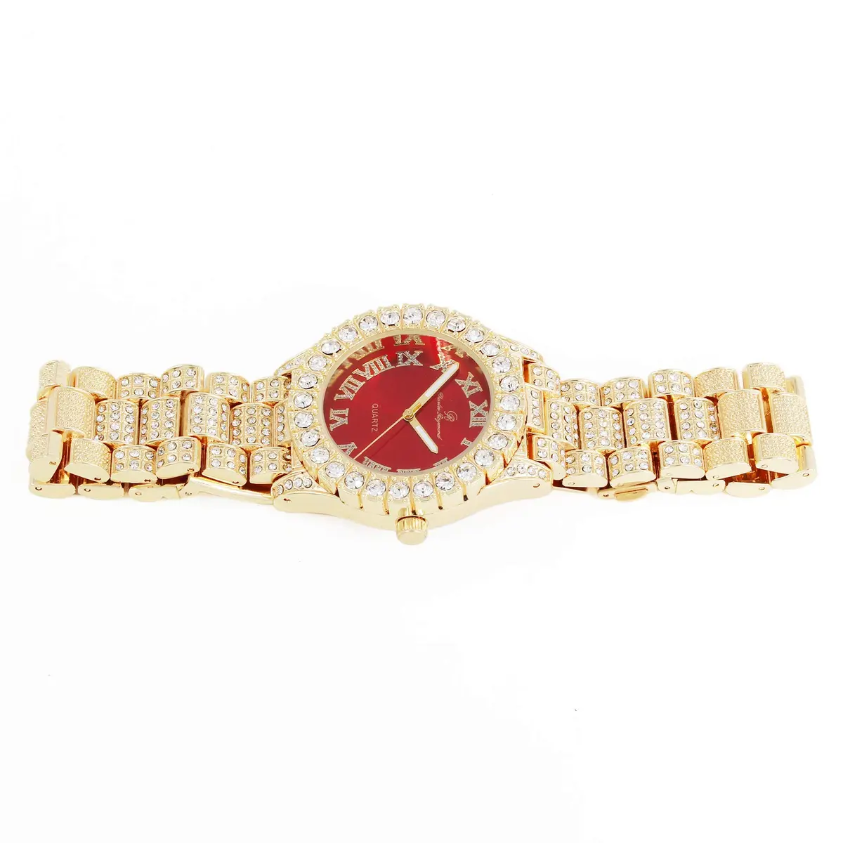 Charles Raymond Mens Gold Big Rocks Watch with Roman Numerals & Colorful Dial, Fully Iced Out, 8-inch Band, Blood Red Dial, Quartz Movement - view 5