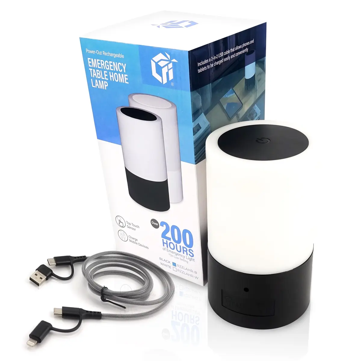 Light Fixture Industries Emergency Table Lamp 200+ Hr Rechargeable LED with USB Charger, Touch Sensor, Portable, Black - main product image