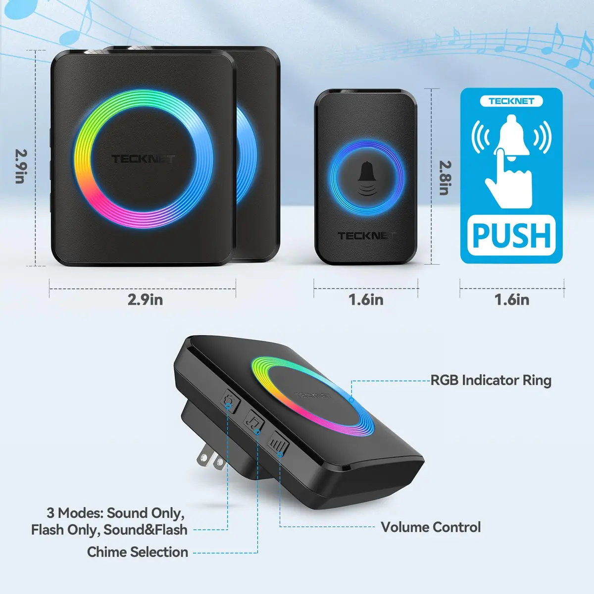 TECKNET Wireless Doorbell Kit with 2 Plug-in Receivers, 1300 ft Range, IP65 Waterproof, 60 Chimes & 5 Volume Levels, Black | Smart Doorbell Chime for Home & Office - view 8