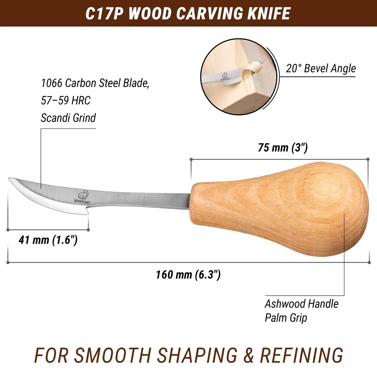 BeaverCraft Wood Carving Knife C17P - Sloyd Chip Carving Knife Carbon Steel for Beginners & Pros - view 3