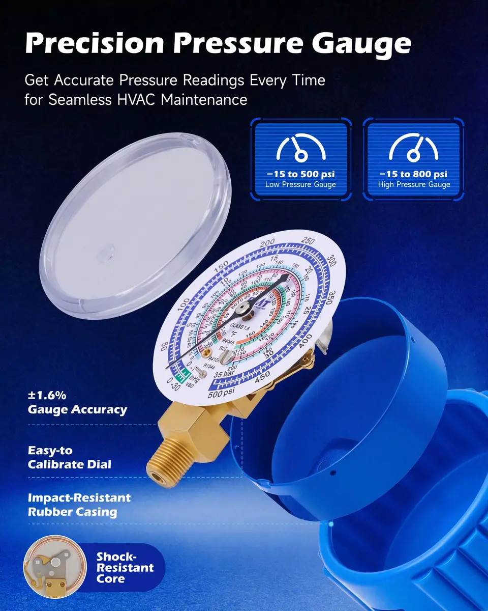 Orion Motor Tech 3-Way Auto AC Manifold Gauge Set 5ft Hoses | R134a R410A R404A R22 Compatibility - view 5