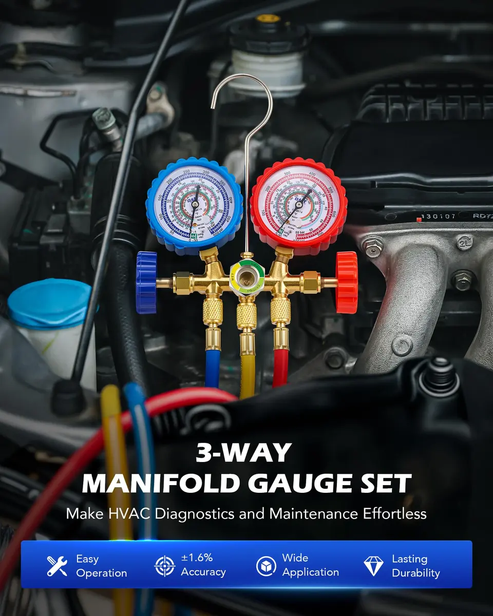 Orion Motor Tech 3-Way Auto AC Manifold Gauge Set 5ft Hoses | R134a R410A R404A R22 Compatibility - view 2