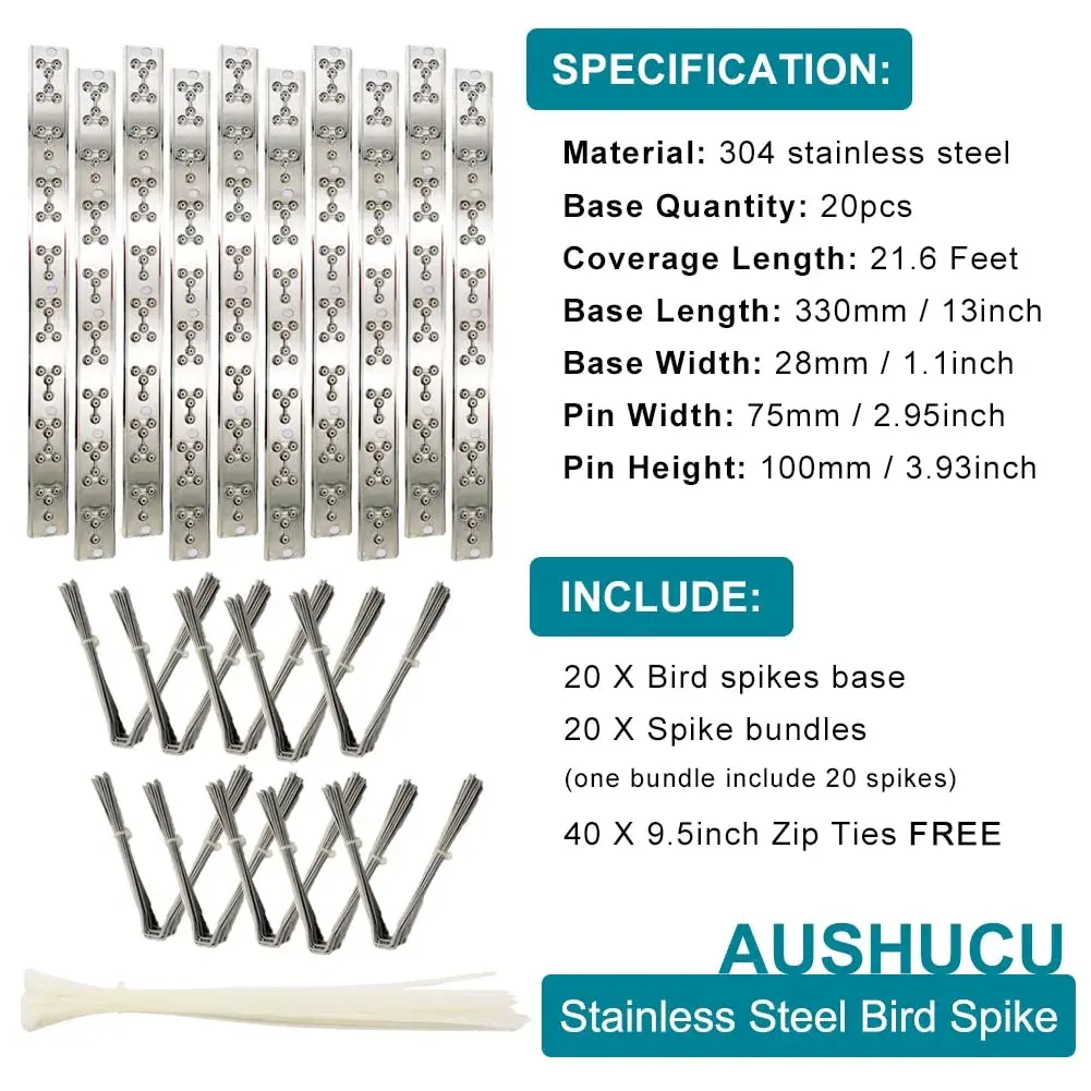 aushucu Stainless Steel Bird Spikes 21.6 Feet (20 Bases, 20 Sets) | Rust-Proof Pigeon Control for Buildings - view 3