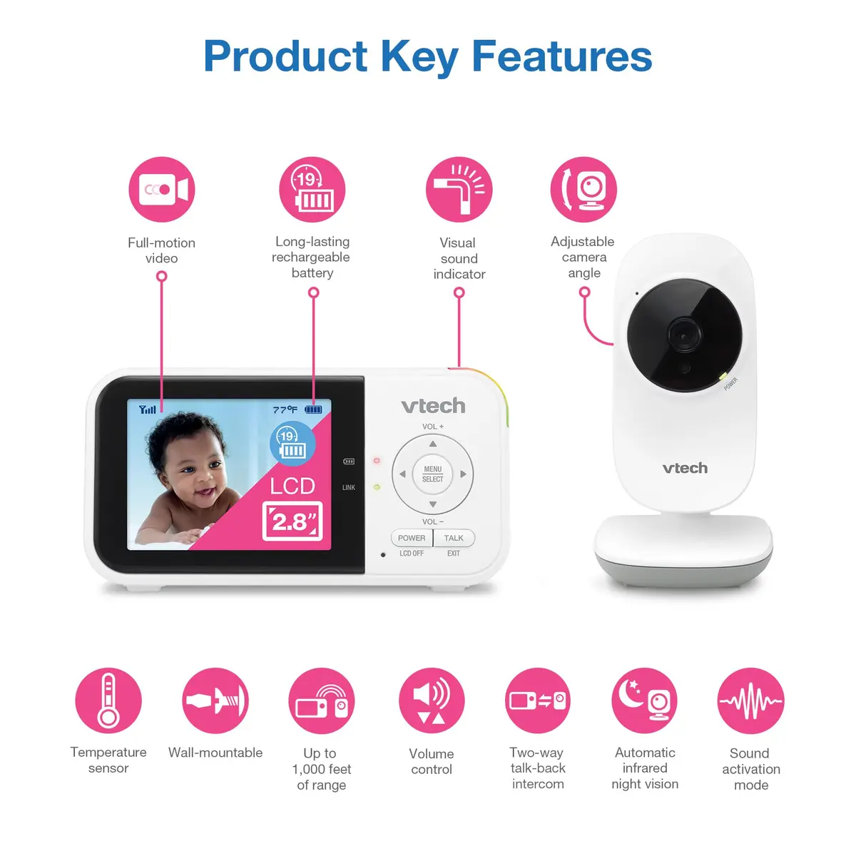 VTech VM819 Baby Monitor with 2.8-Inch LCD Screen | No WiFi, 1000ft Range, Night Vision, Two-Way Talk, Temperature Sensor, Sound-Activated Screen, Lullabies - view 2